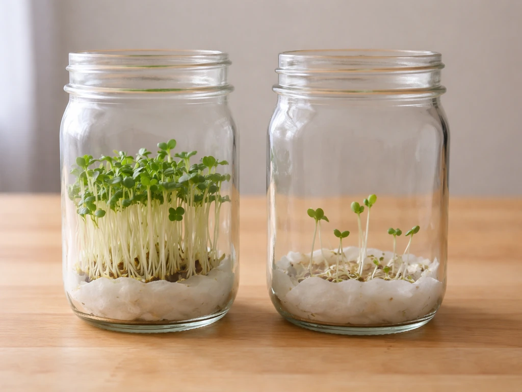 Side-by-side jars of sprouting microgreens versus slower-growing seedlings on a kitchen counter.
