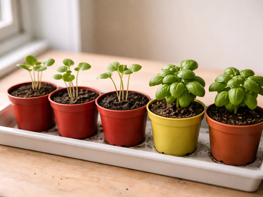 Radish seedlings and basil plants growing in separate soil pots on a bench under natural light.
