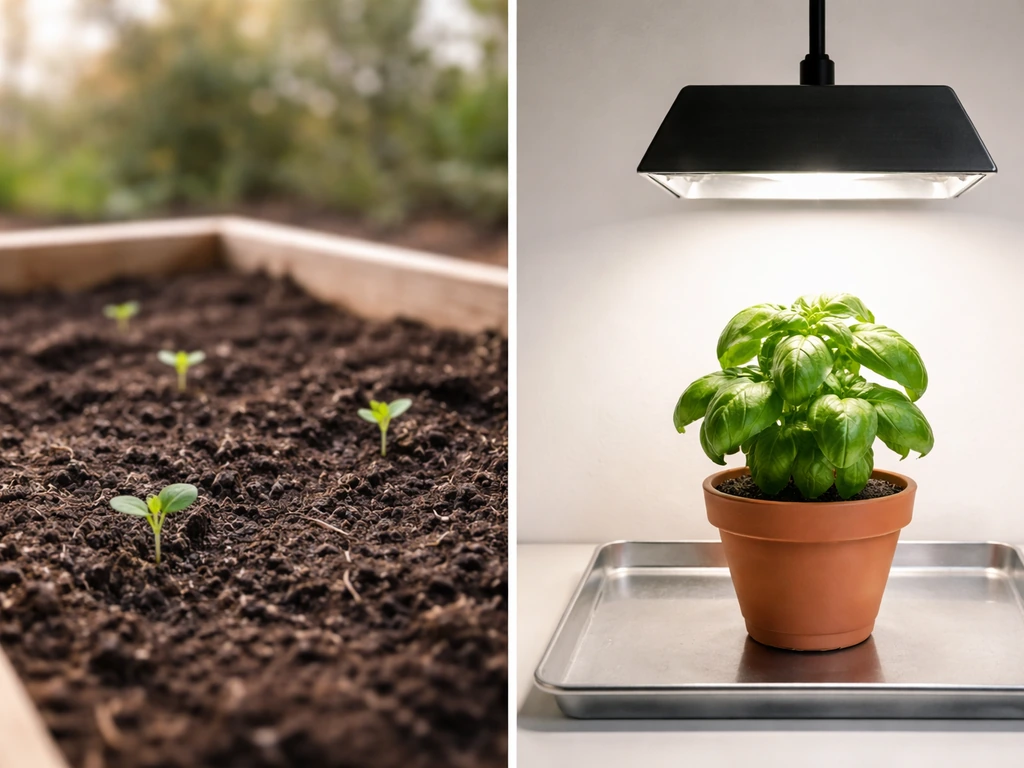 Split image: outdoor spring raised bed with seedlings vs indoor potted plant under a grow light.