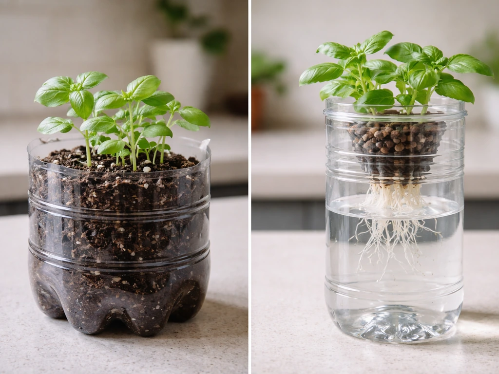 Two plastic bottle planters—soil and hydroponics—each holding small healthy green plants.