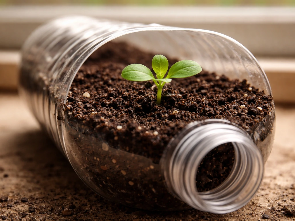 Close-up of a cut plastic bottle planter filled with potting mix and a small green herb seedling