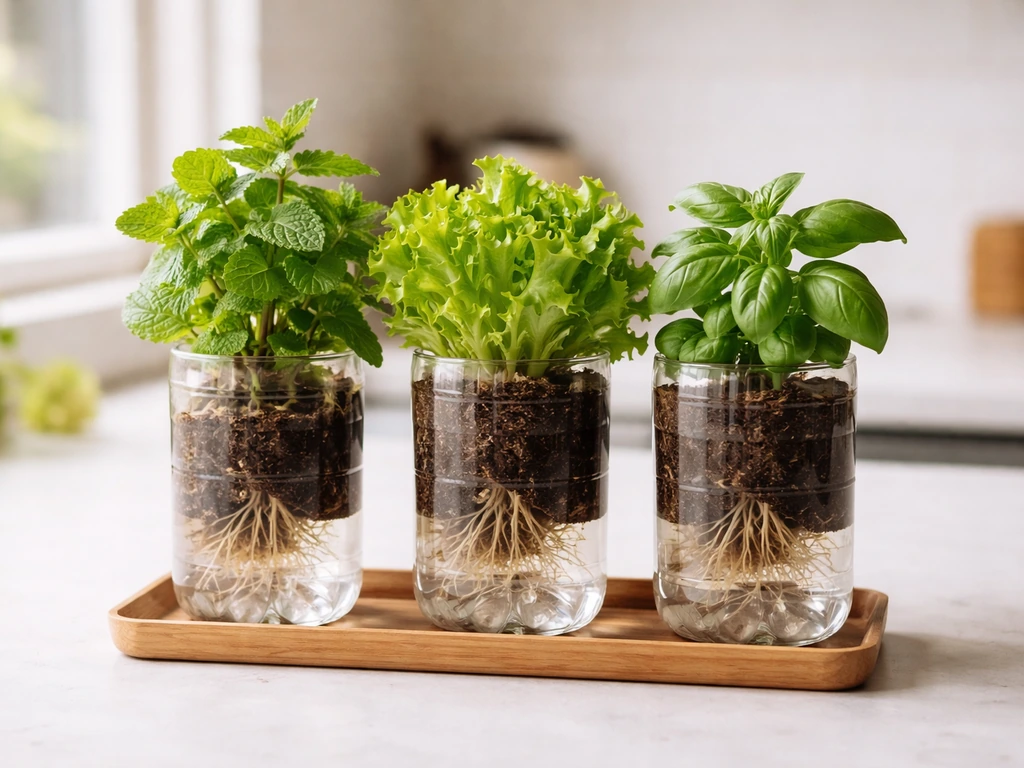 Three clear plastic bottle planters side-by-side with mint and leafy greens thriving on a kitchen counter.