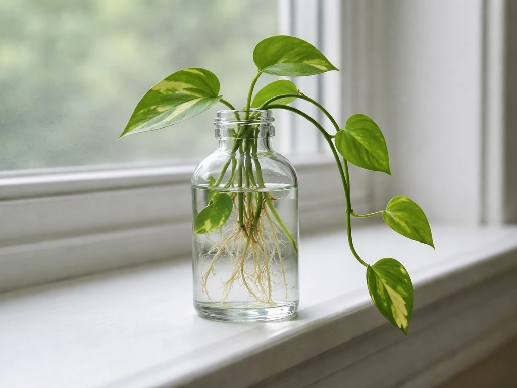 Clear bottle with pothos cuttings and visible roots, trailing vine spilling over the rim on a windowsill.