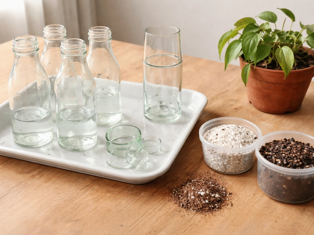 Cleaned bottles on a cutting tray with a partially prepped bottle planter and a wilting plant nearby