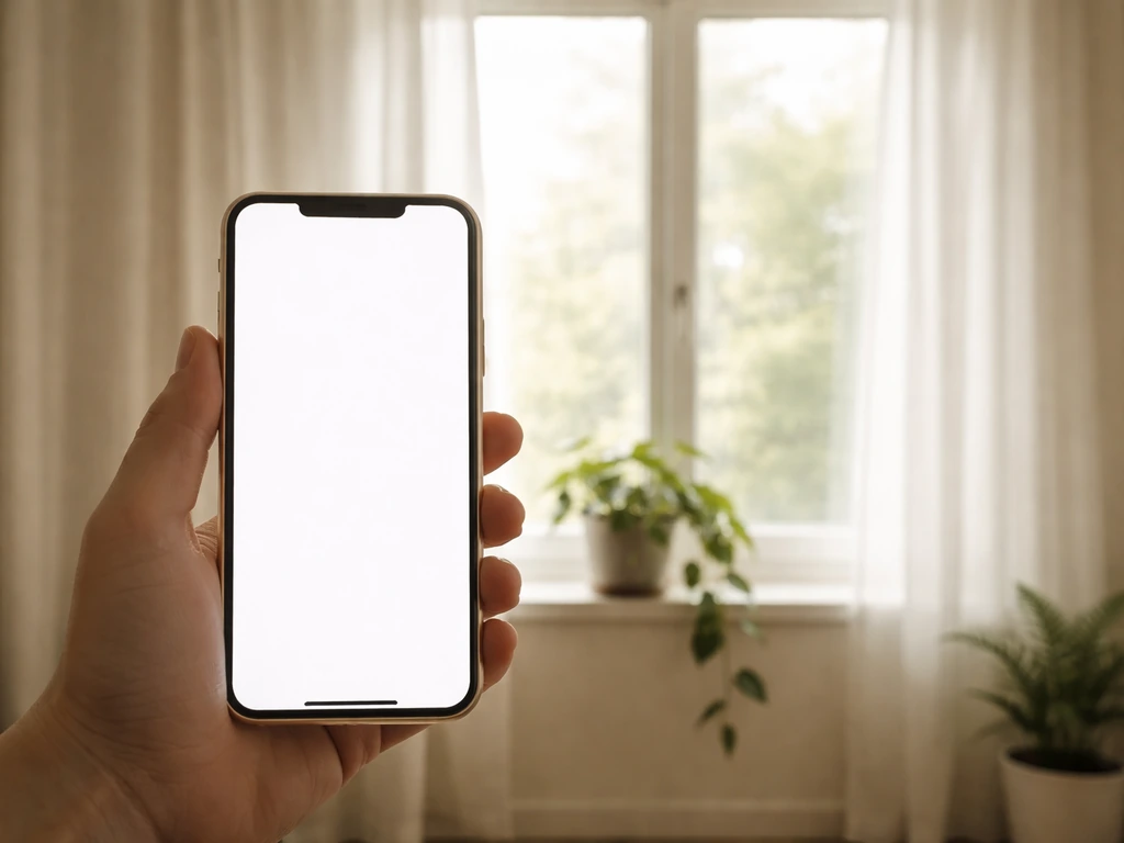 Smartphone brightness check near a window with a few simple plant silhouettes by the sill.