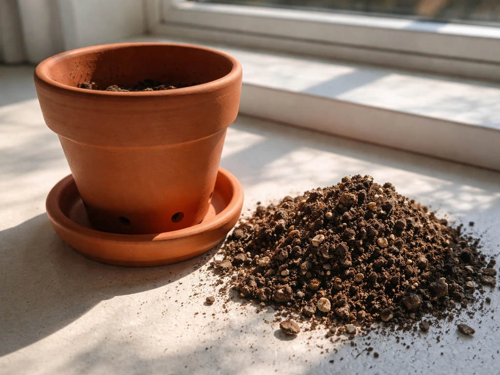 Close-up of a terracotta pot with drainage and saucer on a sunlit windowsill with fresh potting mix.
