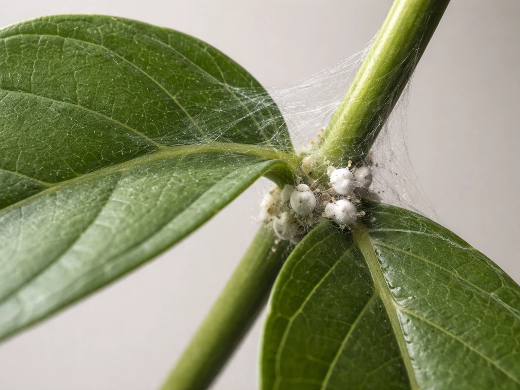 Close-up of indoor plant leaf with fine webbing and small mealybug-like clusters near a leaf node