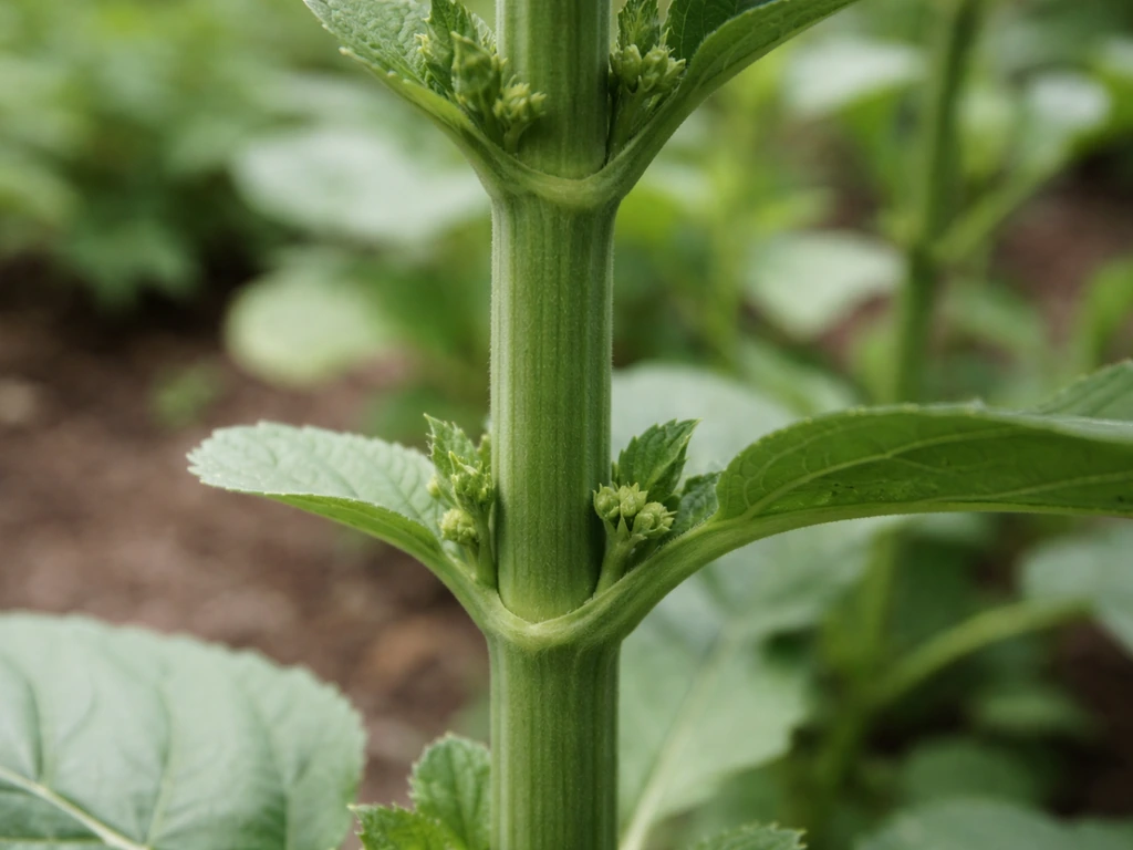 Close-up of a plant’s upright central stem showing visible nodes and where leaves attach.