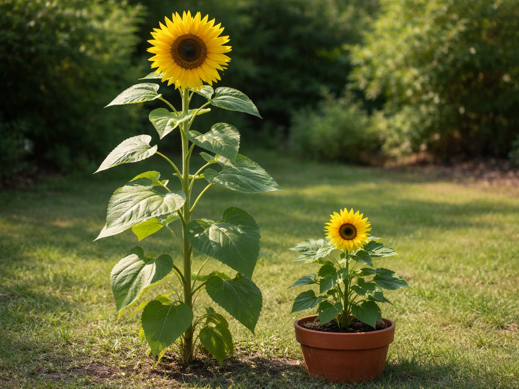 Two sunflower plants in a sunny garden: tall mammoth variety beside a shorter dwarf container sunflower.