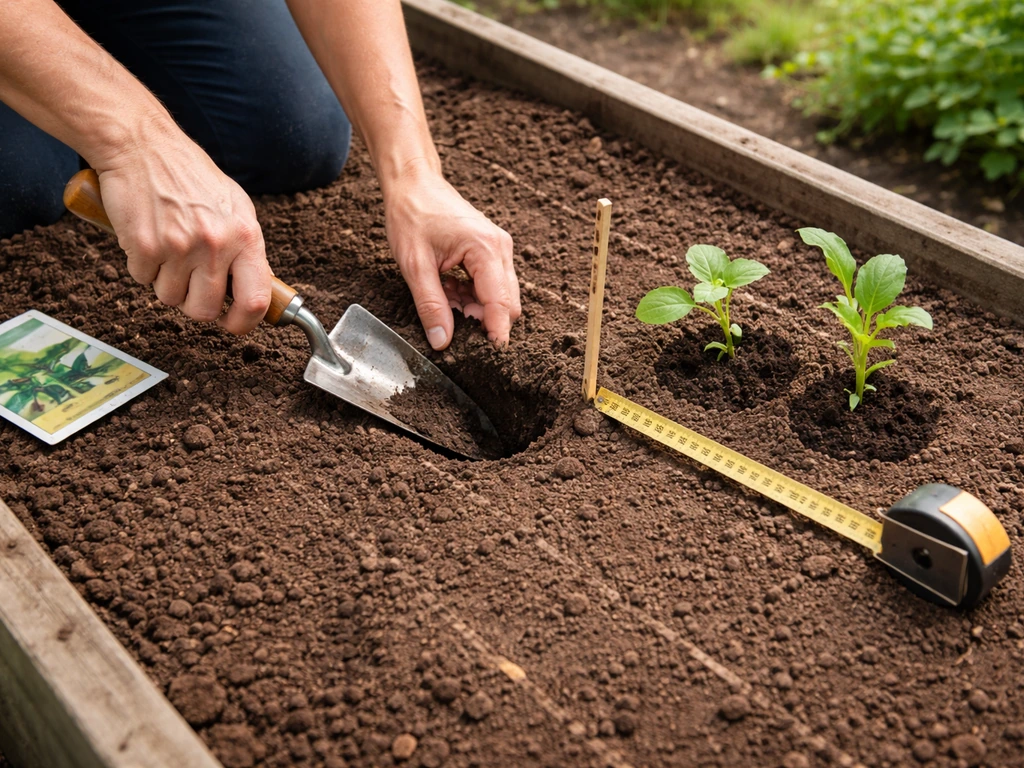 Gardener measuring planting depth in a prepared soil bed for spaced stalky plants