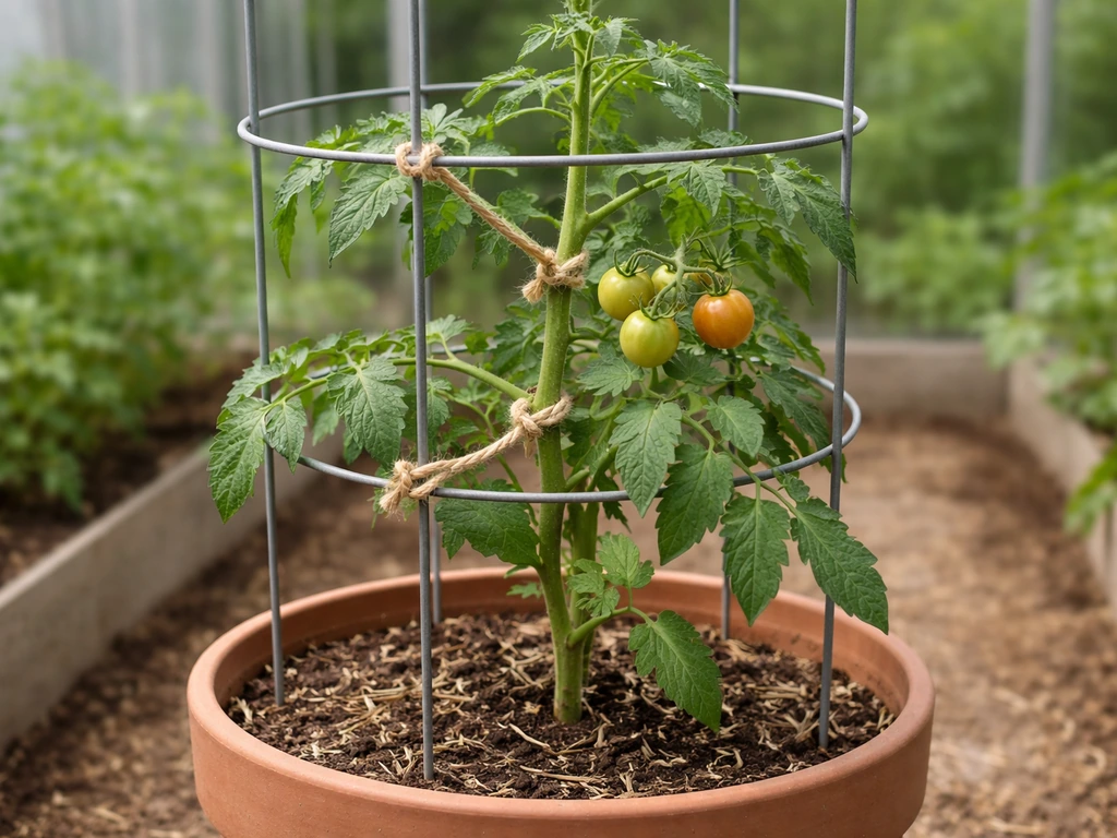 Tomato plant upright in a heavy-duty cage with loose ties and gently supported stems.
