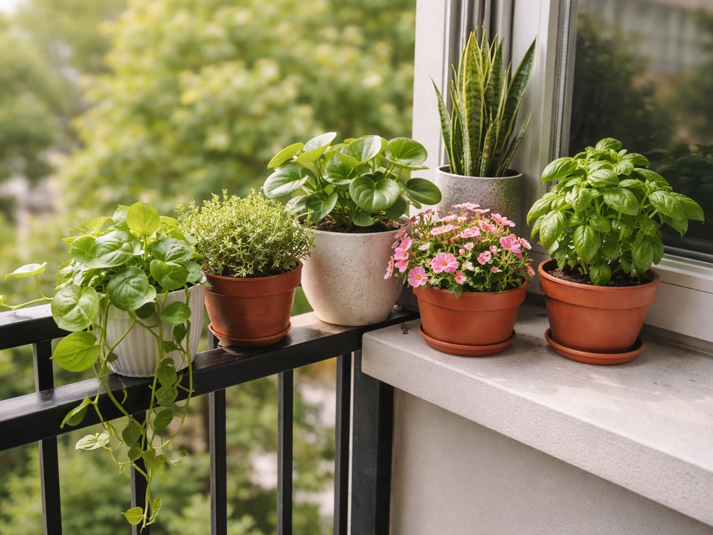 Colorful potted plants thriving together on a compact balcony rail in natural light.