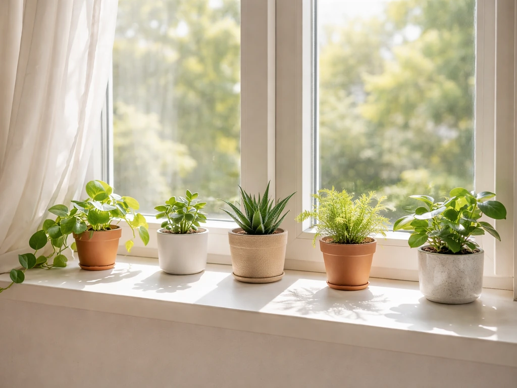 Bright windowsill with several small potted plants casting light-angle shadows from a sunny window.