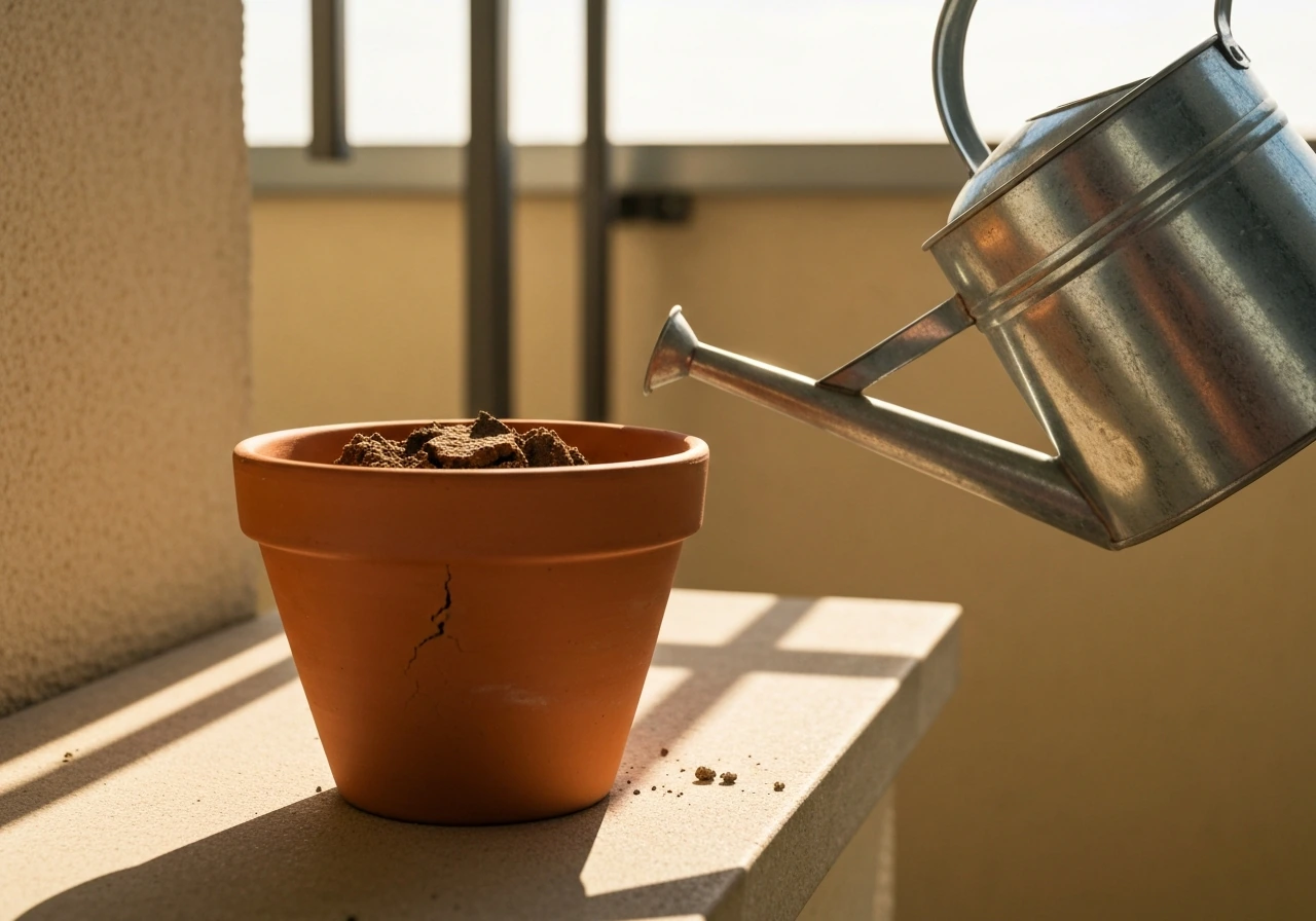 Small dry terracotta clay pot on a sunny balcony with a watering can nearby.