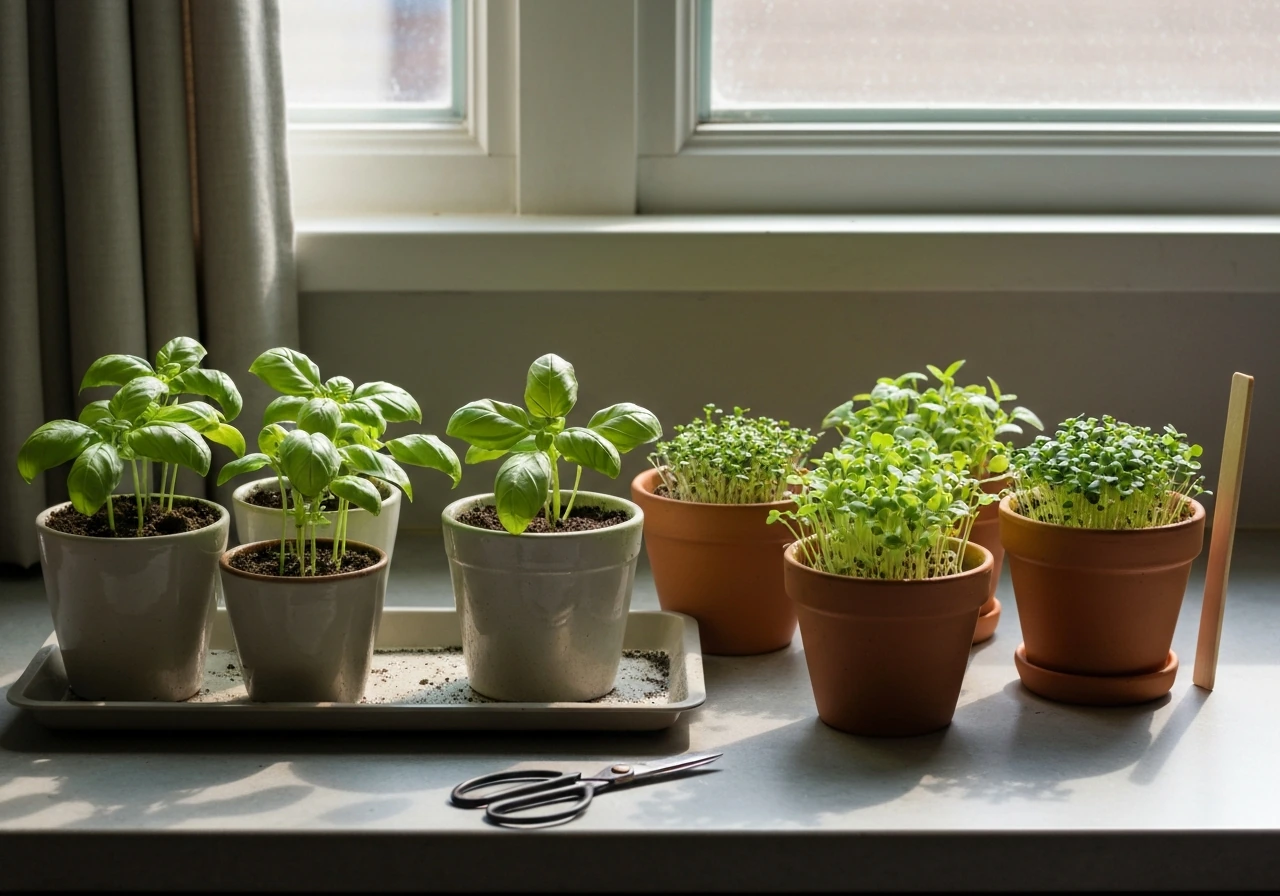 Sunlit windowsill with small pots of basil and lettuce microgreens growing on a simple wooden countertop