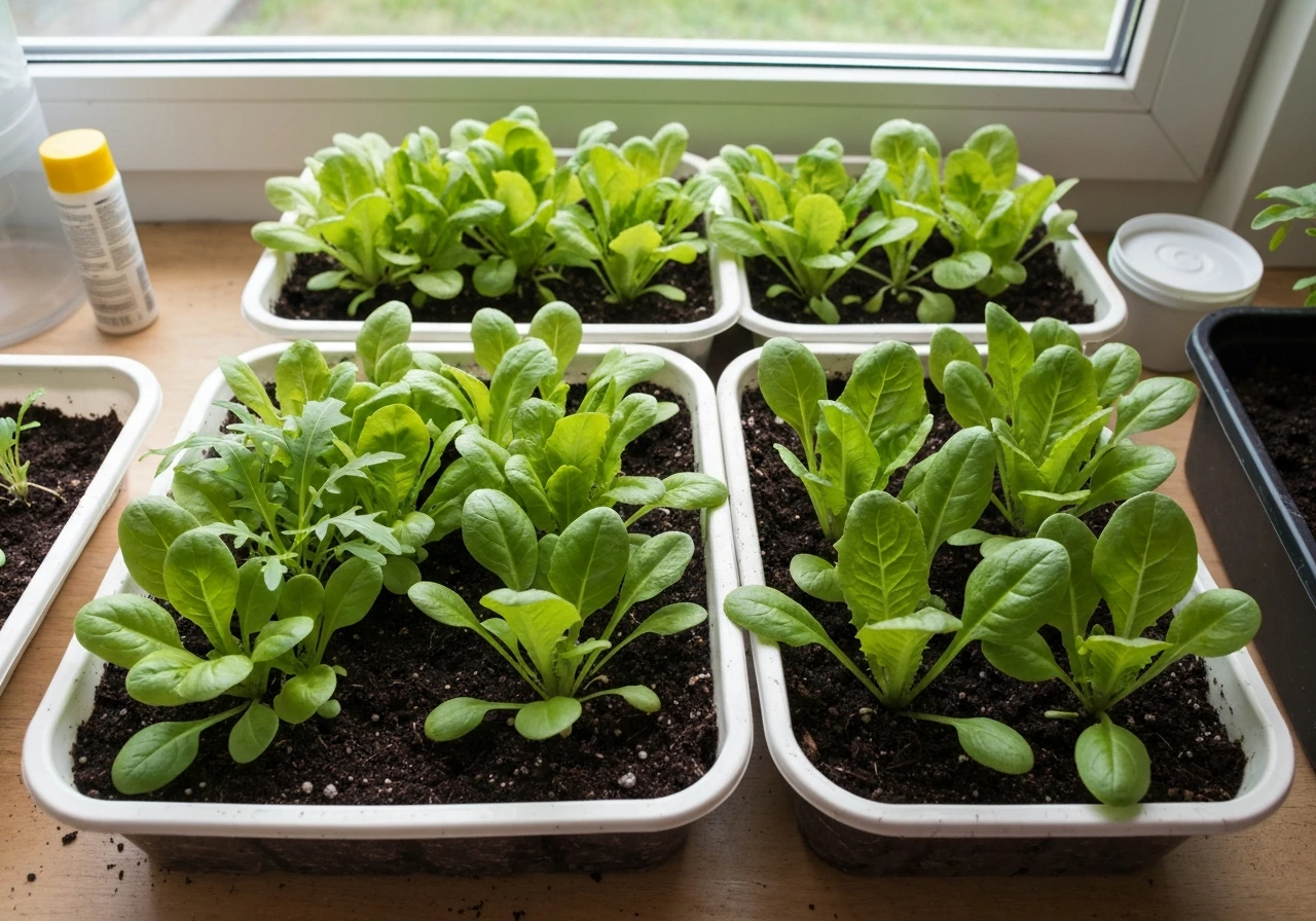 Shallow container trays filled with healthy leafy greens in a bright indoor setting