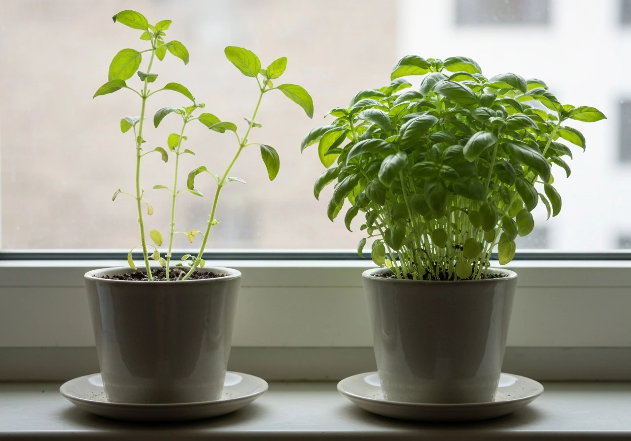 Two potted plants side-by-side: a leggy low-light plant and a compact brighter-light plant.