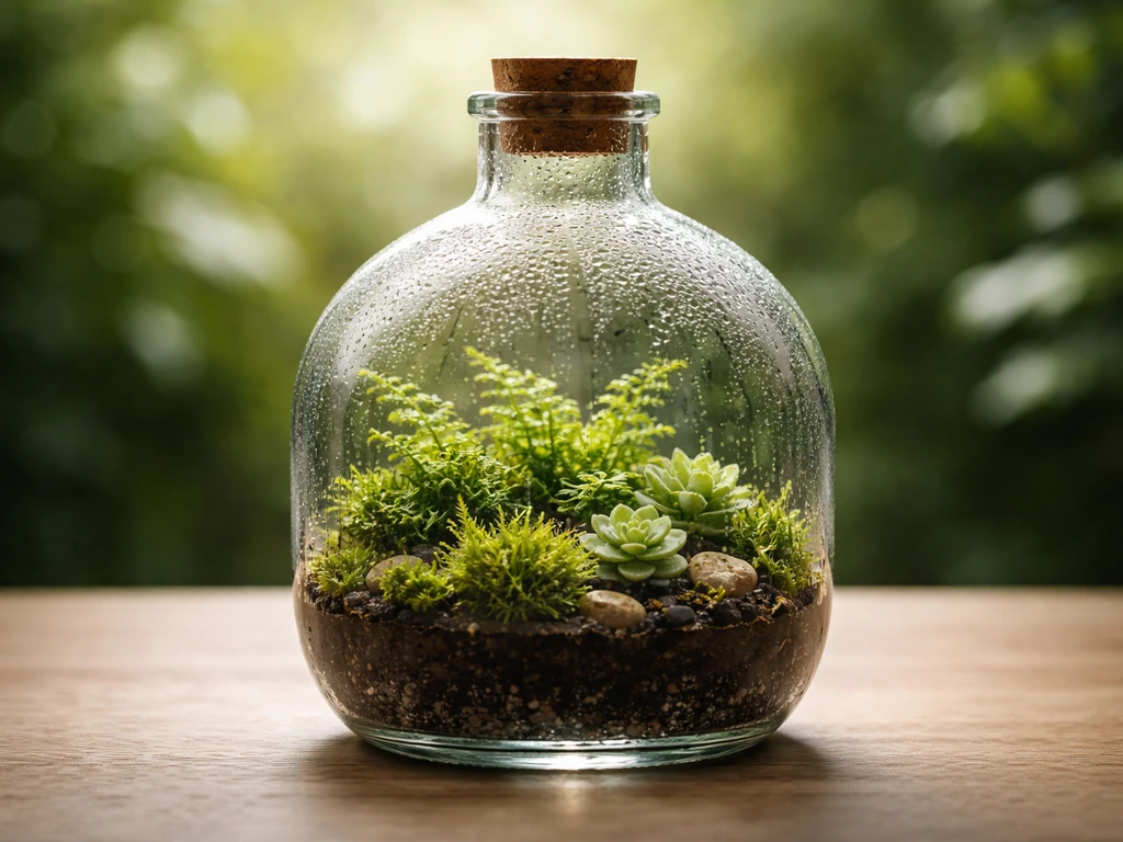 Lush miniature plants thriving inside a closed glass bottle terrarium with condensation on the inner walls.