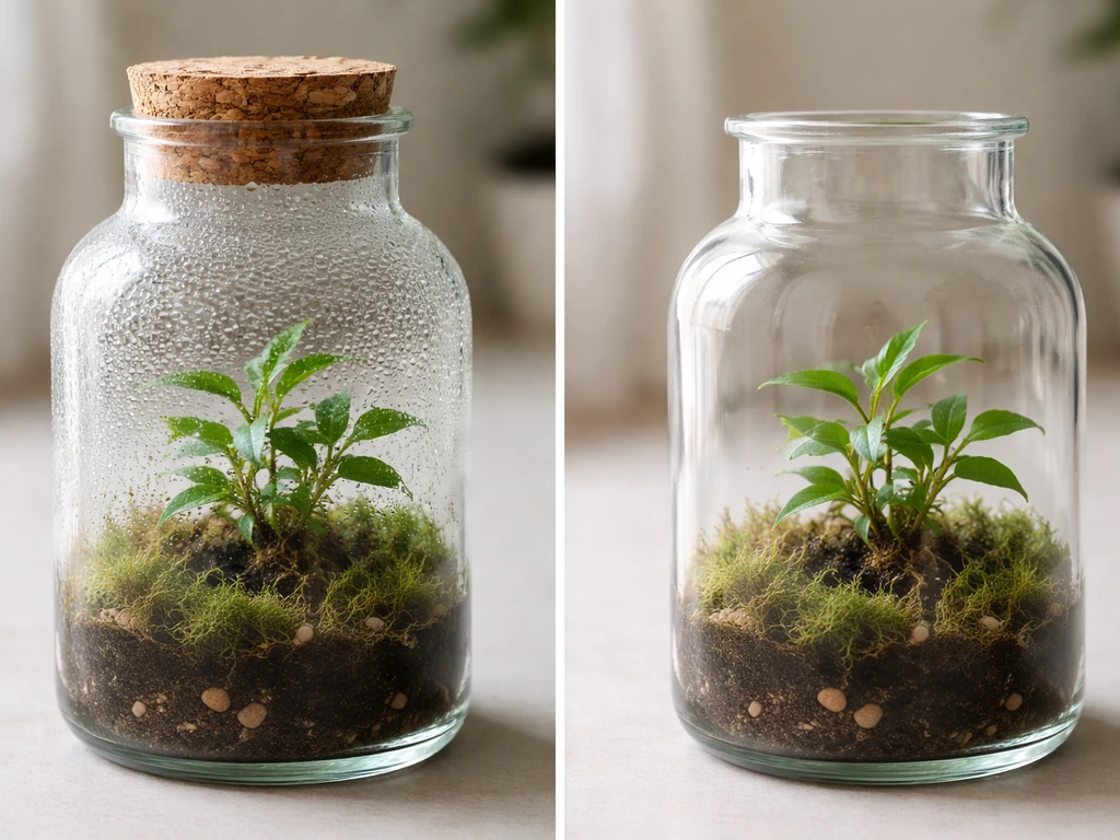 Split view of a closed bottle terrarium with condensation inside and an open bottle with exposed airflow