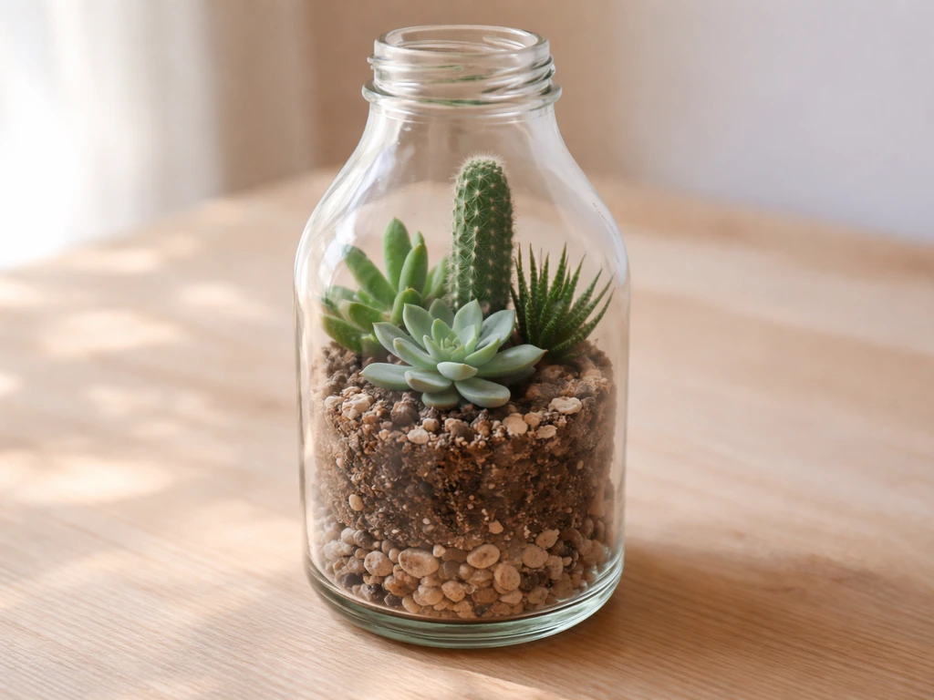 Open glass bottle with succulents and small cactus showing airy, well-draining planting in bright natural light.