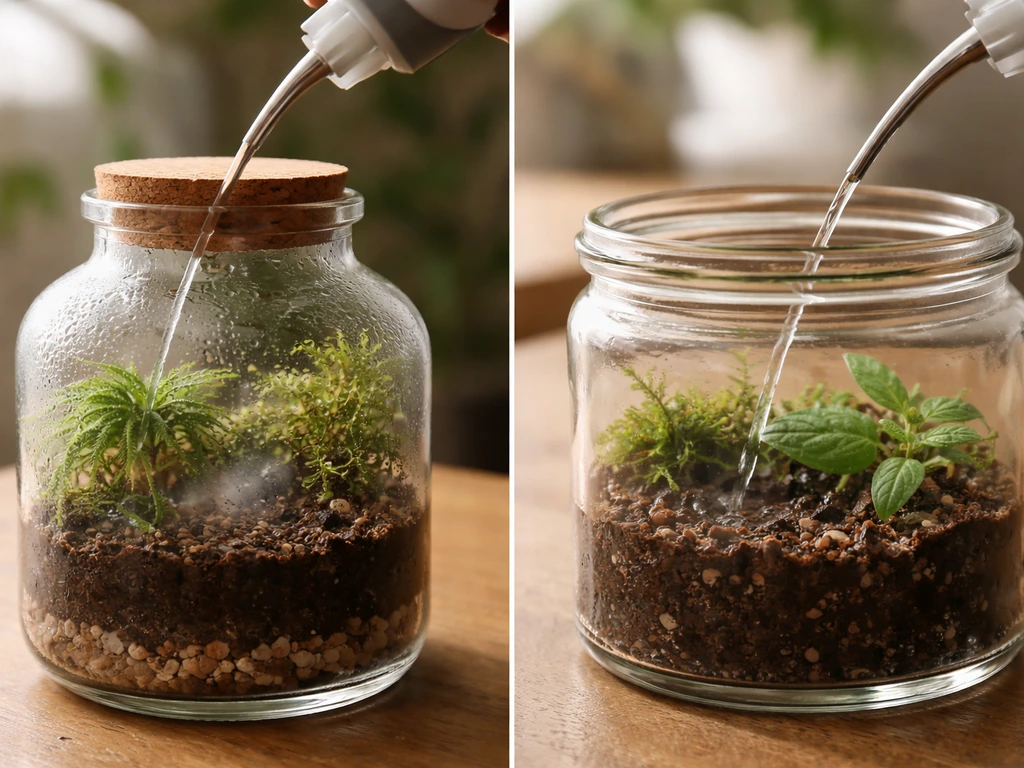 Close-up of misting and thin-nosed watering in a small closed bottle terrarium and an open bottle container.