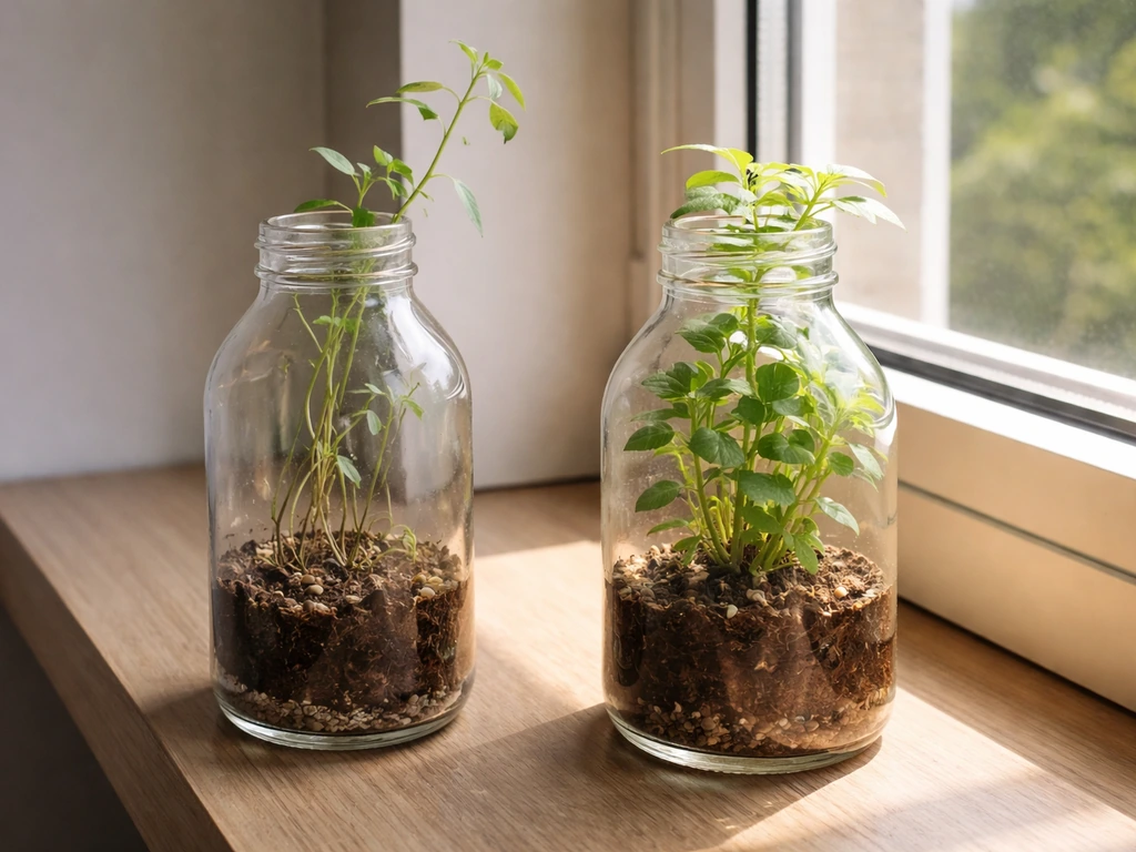 Two side-by-side glass bottle gardens showing leggy growth and a plant moved closer to light