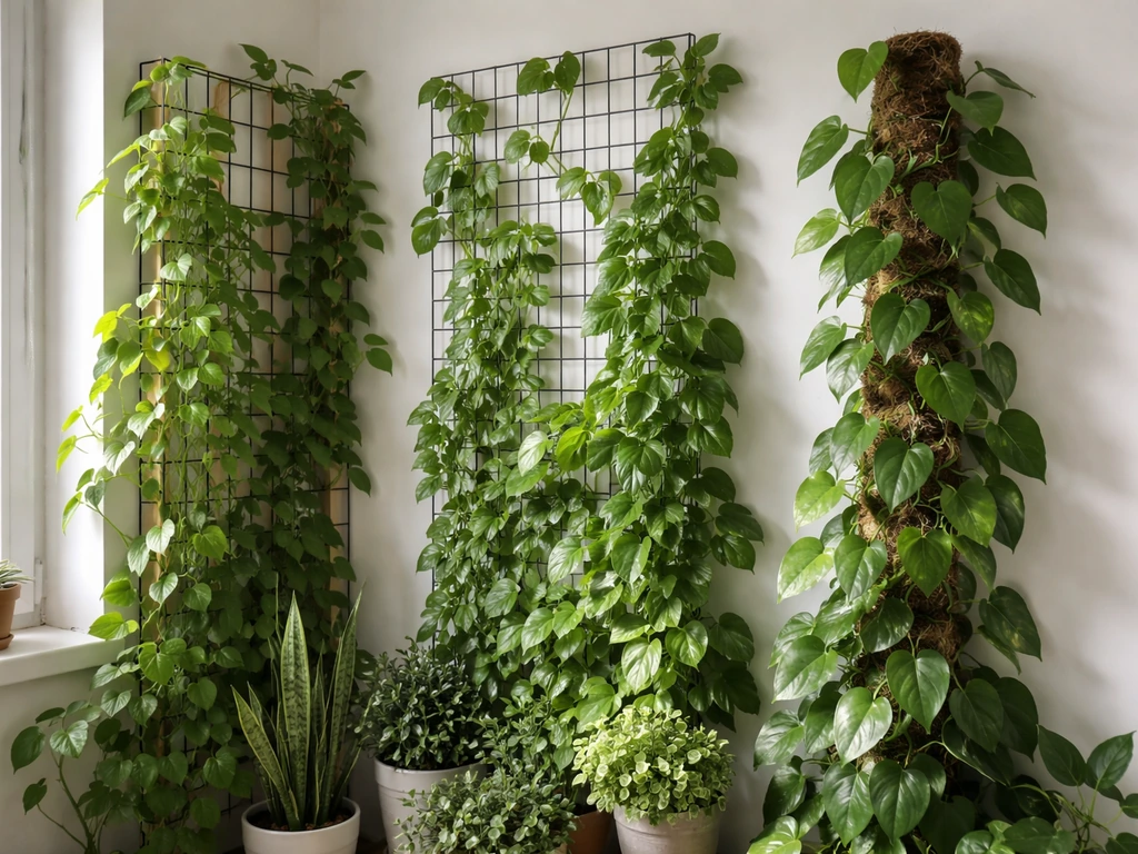 Lush vertical plants climbing trellis, wire netting, and a moss pole in a bright indoor corner.