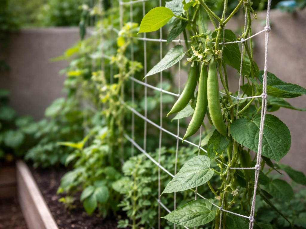 Closeup of pole beans climbing a small trellis with lush vertical herbs in a backyard garden bed