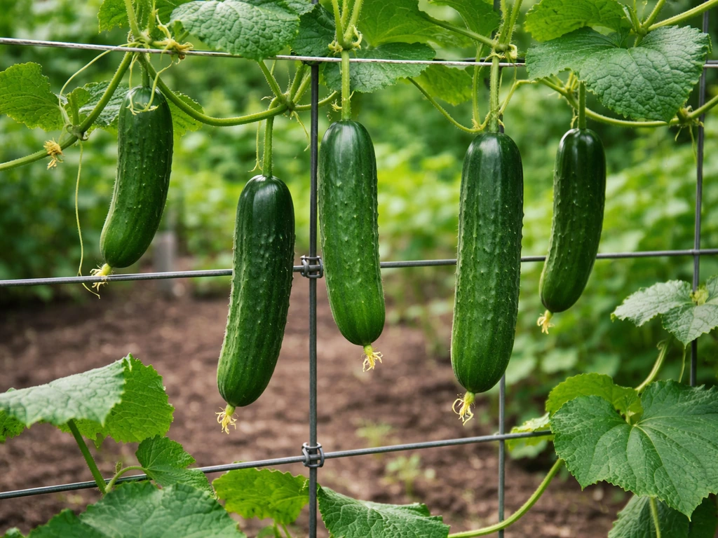 Cucumber vines trained on a wire trellis with several clean, harvest-ready fruits at different heights.