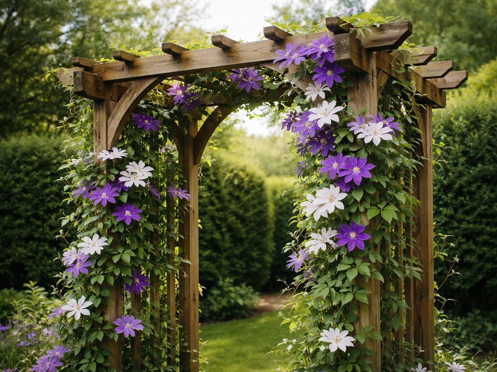 A flowering clematis climbing a garden arbor, with lush green foliage in soft natural light.