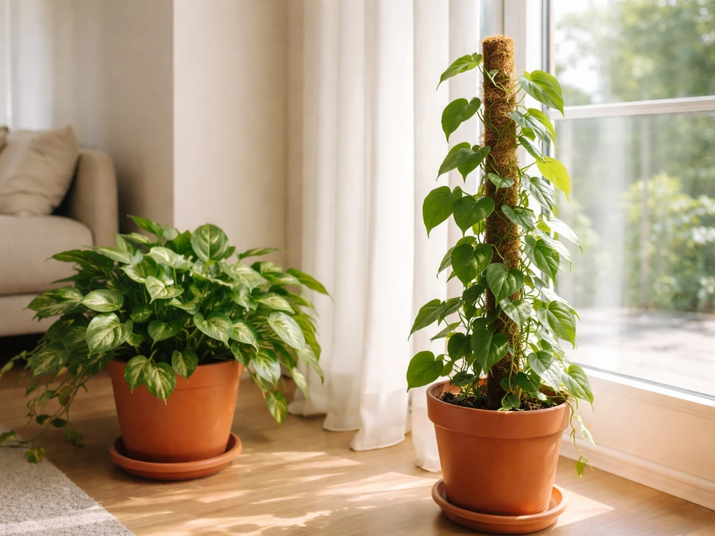 Pothos and philodendron climbing a moss pole beside a bright apartment window.