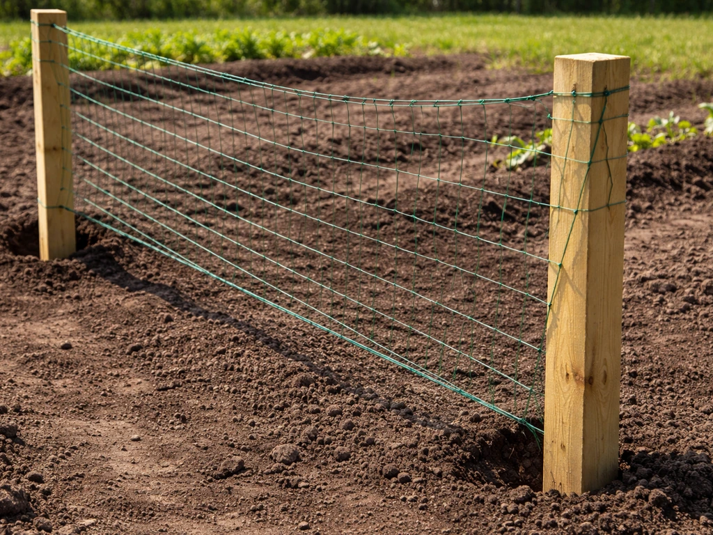 Outdoor garden trellis under construction with two anchored posts and netting stretched tightly.