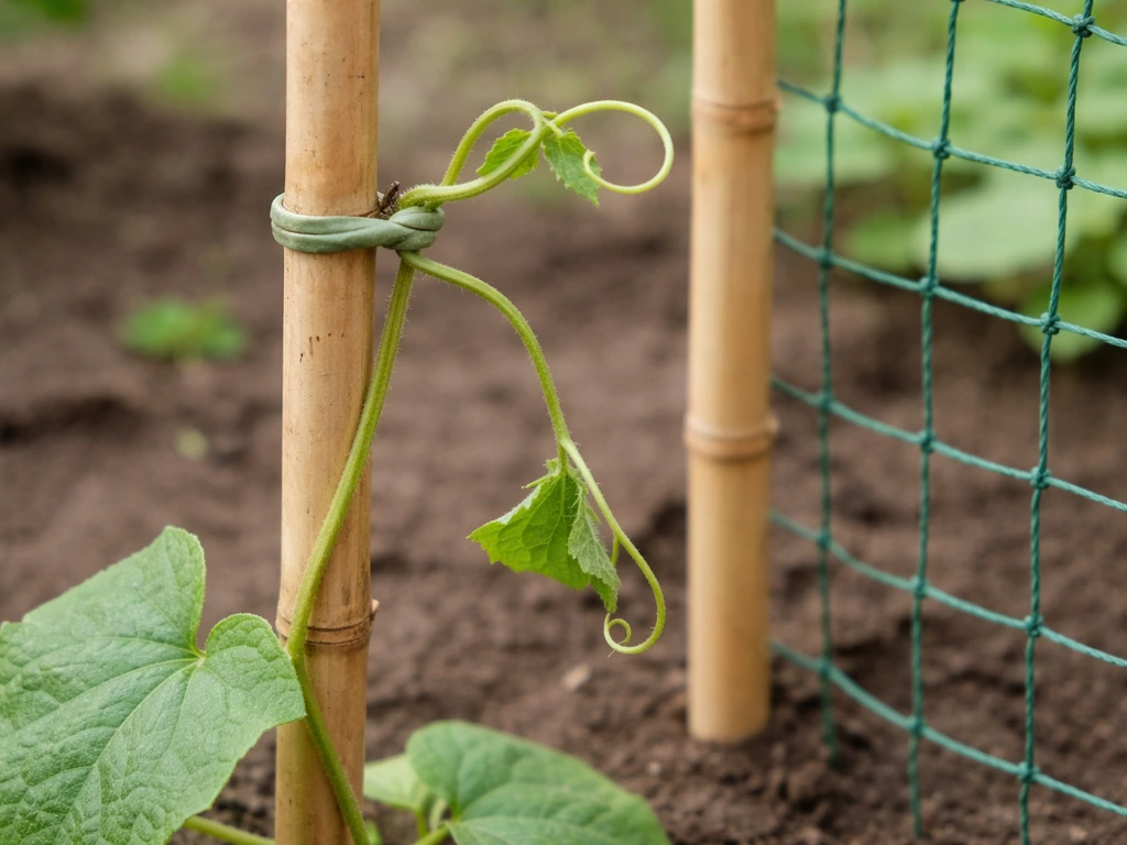 Trellised climbing plant with slack vine and loose tie, showing smooth support and too-wide spacing.