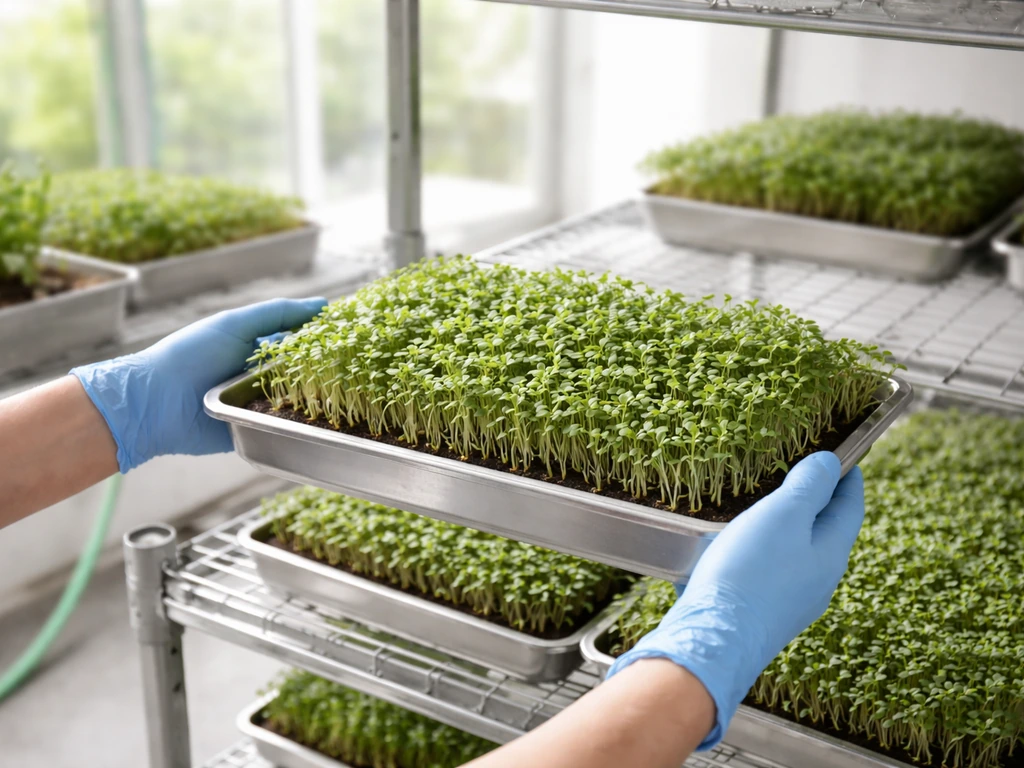 Fresh microgreens growing trays in a simple indoor rack, softly lit by natural daylight.