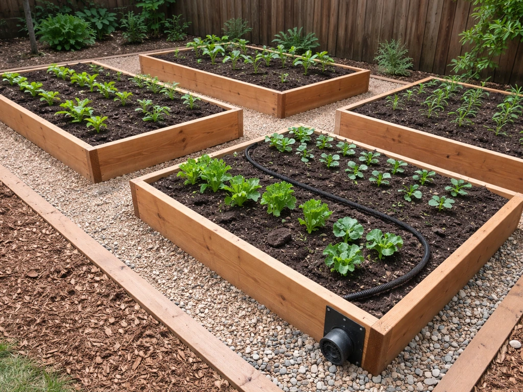 Sunlit raised garden beds with evenly spaced herbs and a soaker hose and drainage gravel trench.