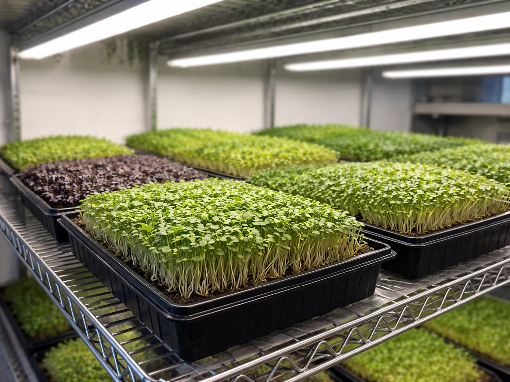 Hydroponic microgreens in 10x20 trays under grow lights, with soilless media and harvest-ready growth.