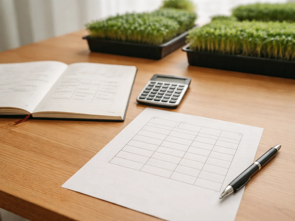 Close-up of a notebook showing a simple profit calculation for a crop trial, beside trays and a small calculator.