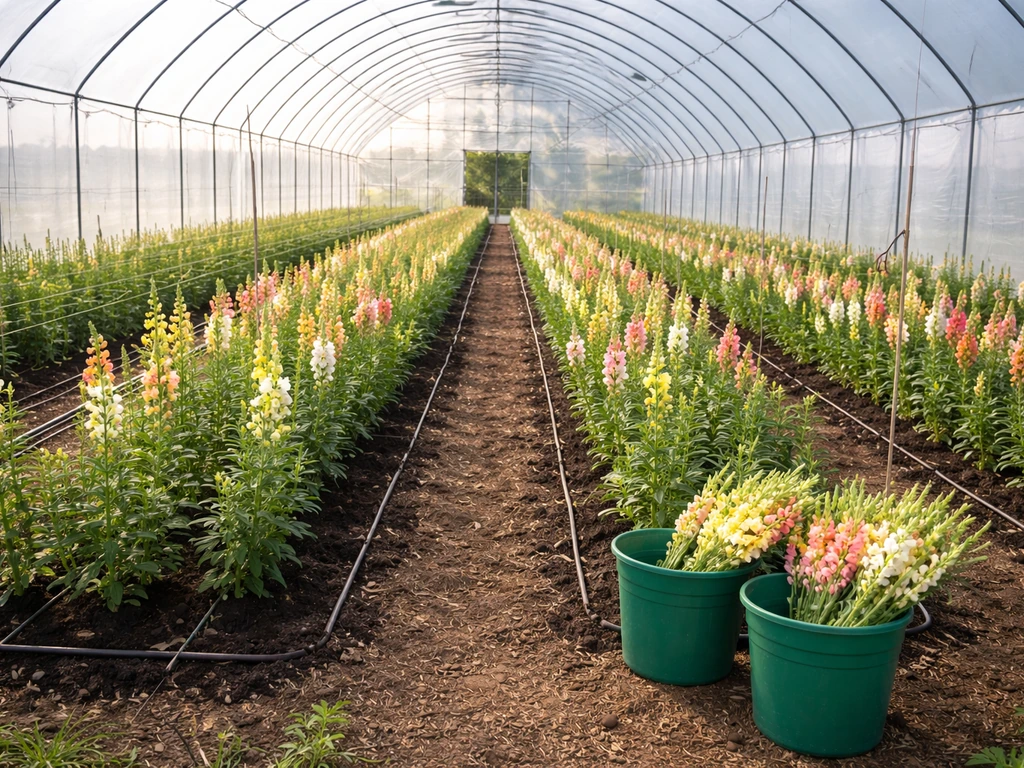 High tunnel with snapdragon rows, drip irrigation, and cut stems in harvest buckets near the beds.