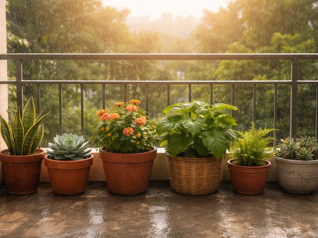 Balcony potted plants in Chennai—heat-tolerant succulents and monsoon-friendly greenery with raindrops and sunshine.