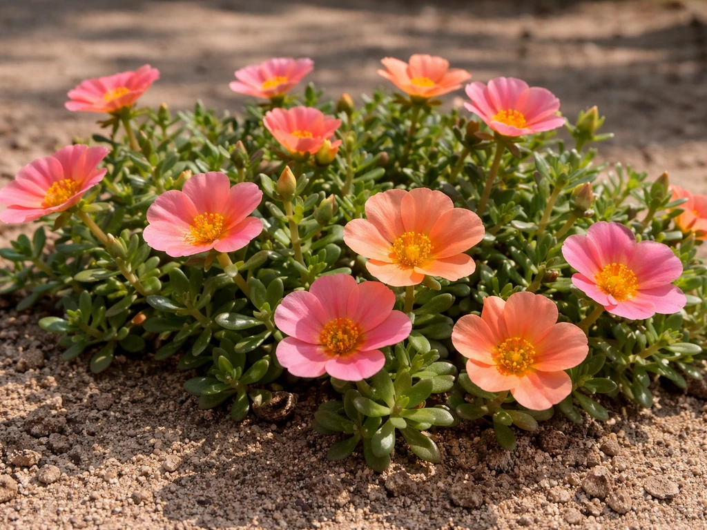 Close-up of healthy moss rose (portulaca) flowers thriving in bright full sun on sandy soil.