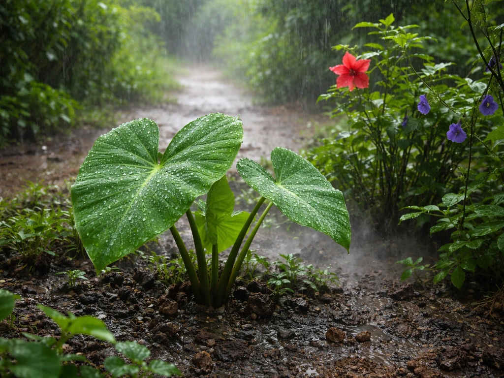 Lush taro leaves and a hibiscus plant in heavy monsoon rain with wet, vibrant greenery.