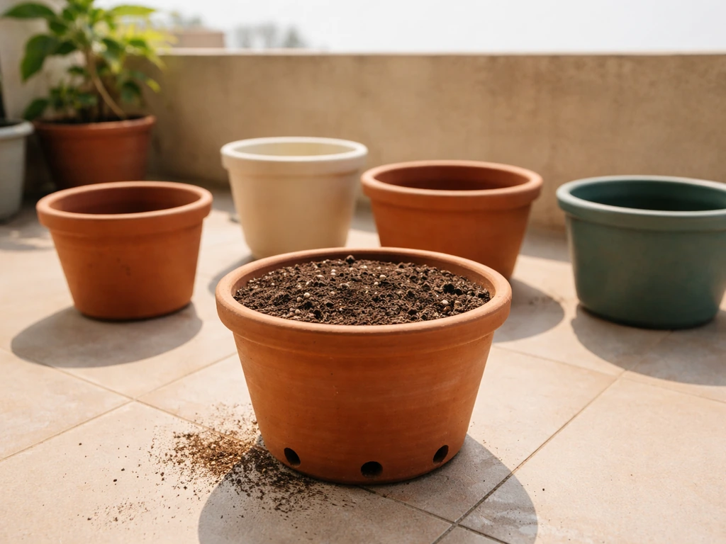 Terrace balcony with ceramic planters, potting mix surface, and visible drainage for airflow.