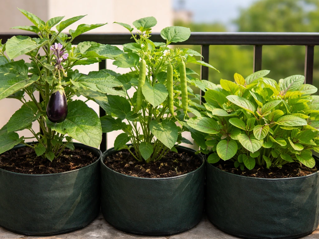Harvest-ready eggplant, cowpea, and amaranth greens growing in small balcony containers.