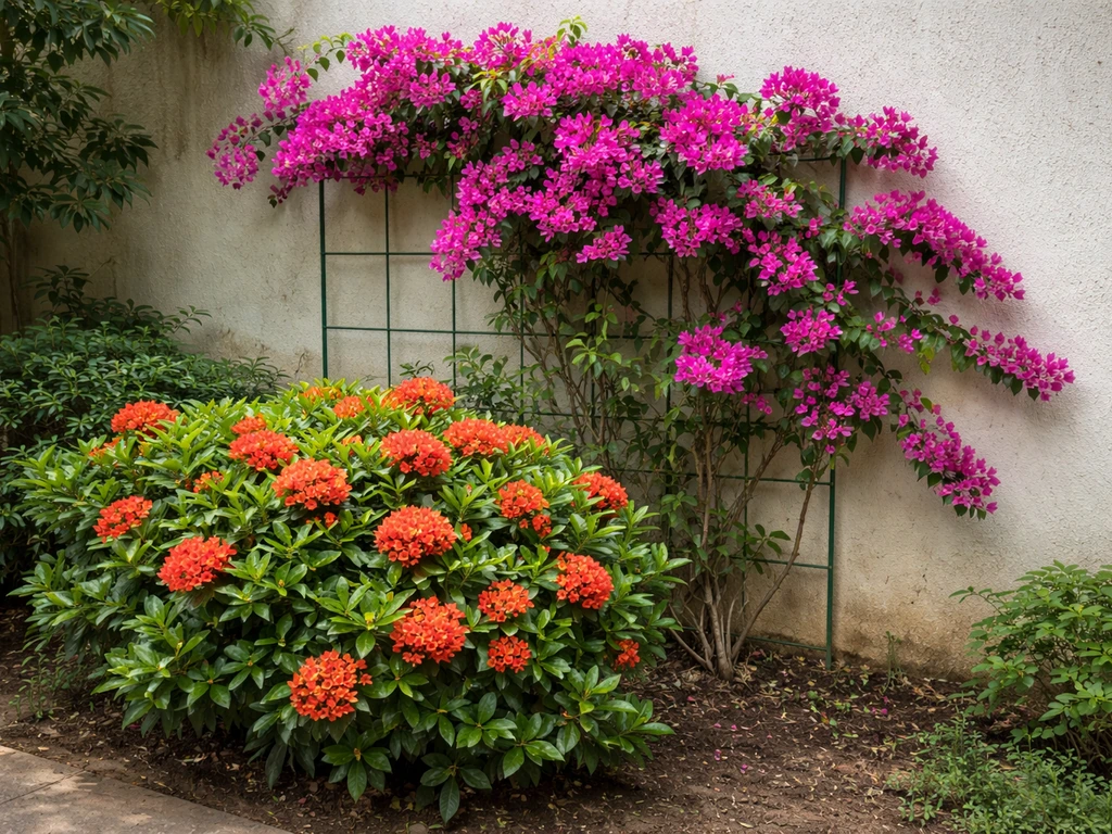 Bougainvillea in full bloom with a nearby ixora shrub in a quiet garden courtyard.