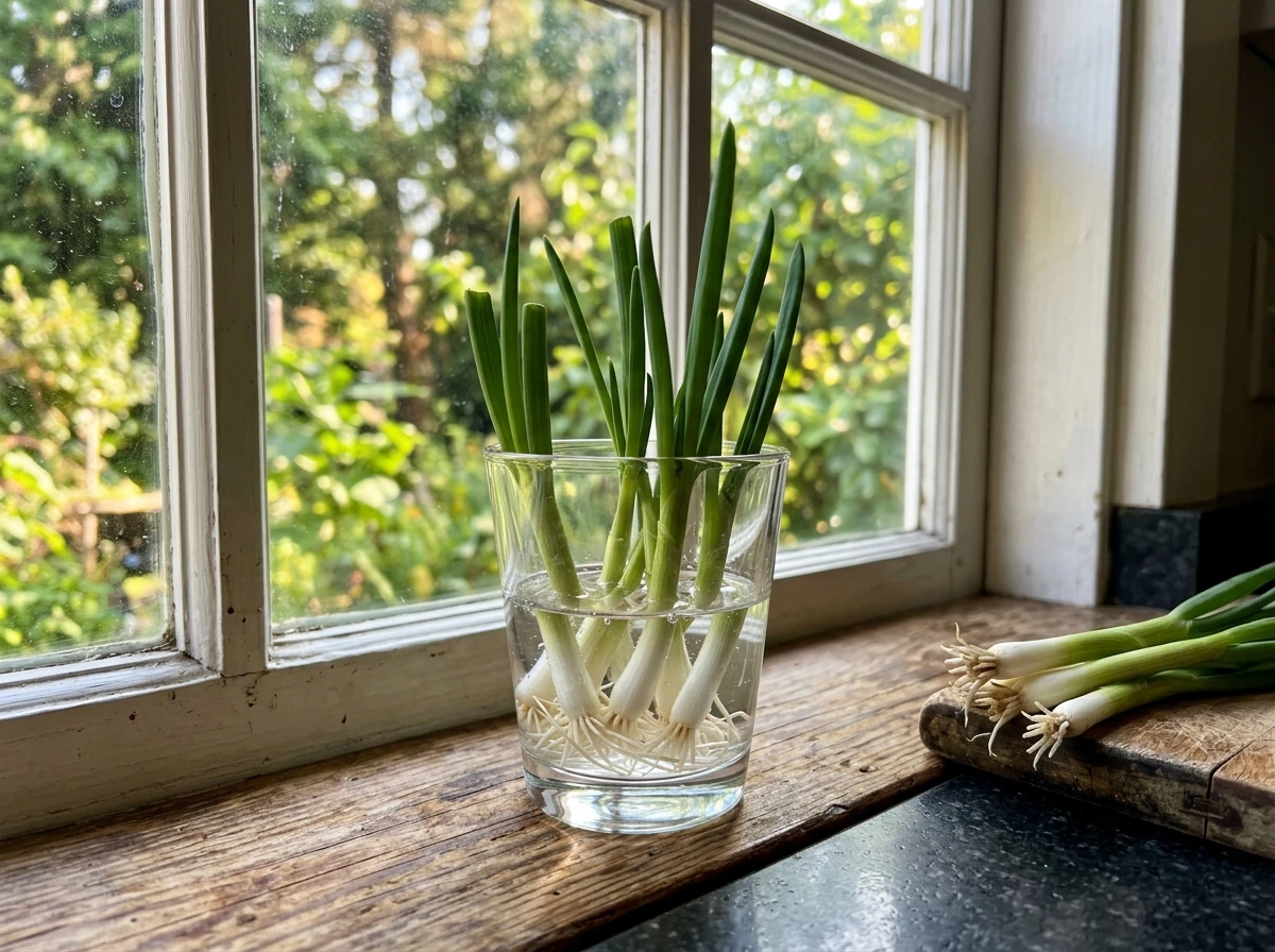 Green onion tops regrowing from root ends in a glass of water