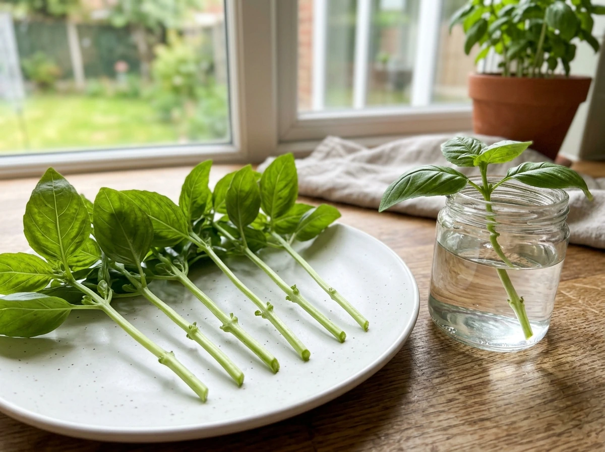 Fresh basil stems cut below leaf nodes for rooting