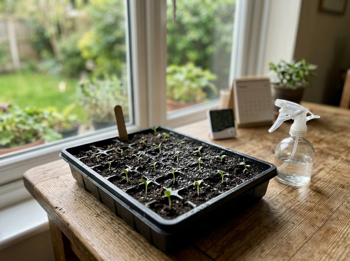 Seed-starting tray with labeled readiness and moisture spray