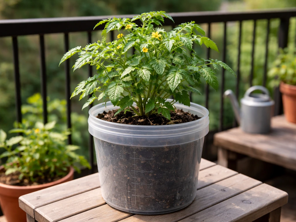 A thriving balcony 5-gallon bucket garden with one lush dominant plant growing in a single visible bucket.