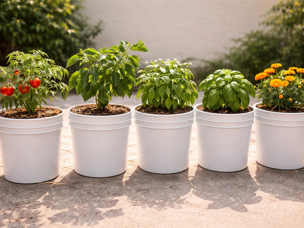 Compact tomato, pepper, beans, basil, and marigold thriving in separate 5-gallon buckets on a sunny patio.