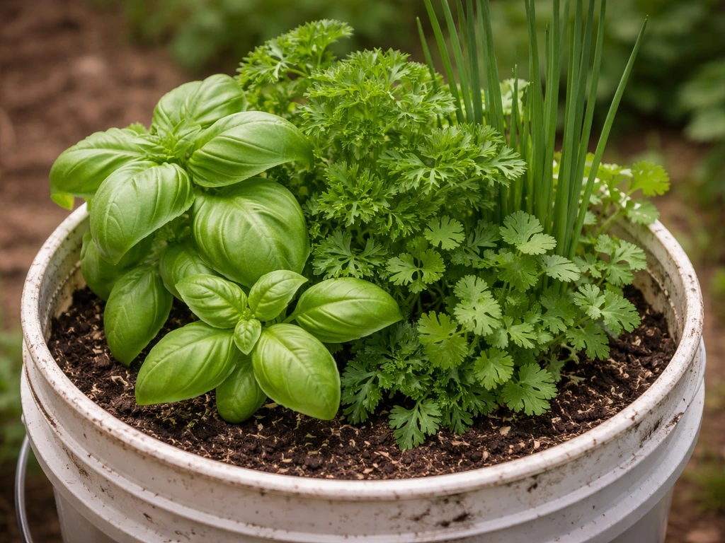 Close-up of basil, parsley, cilantro, and chives growing in a 5-gallon bucket with visible soil line